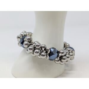 Smokey Gray Faceted Silver Tone Round Cluster Bead Stretch Bracelet